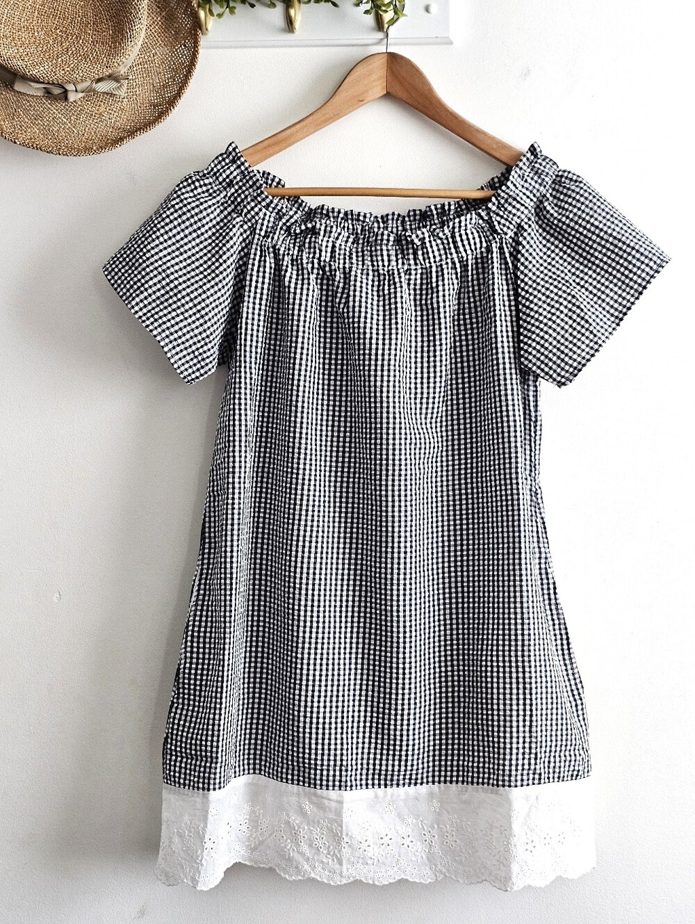 Top It Off Gingham Off Shoulder Eyelet Hem Dress Tunic NWT Cottagecore Size L